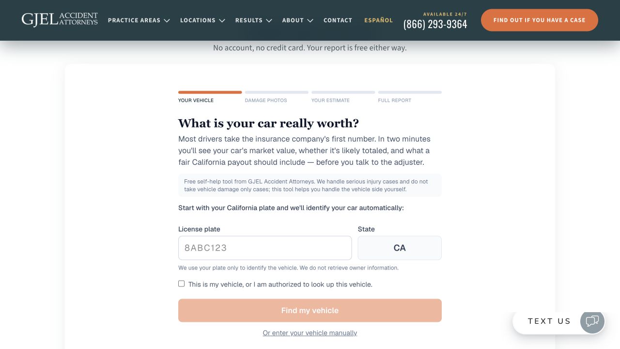 Entry screen for GJEL Accident Attorneys' California total-loss calculator, showing plate and manual vehicle-entry options
