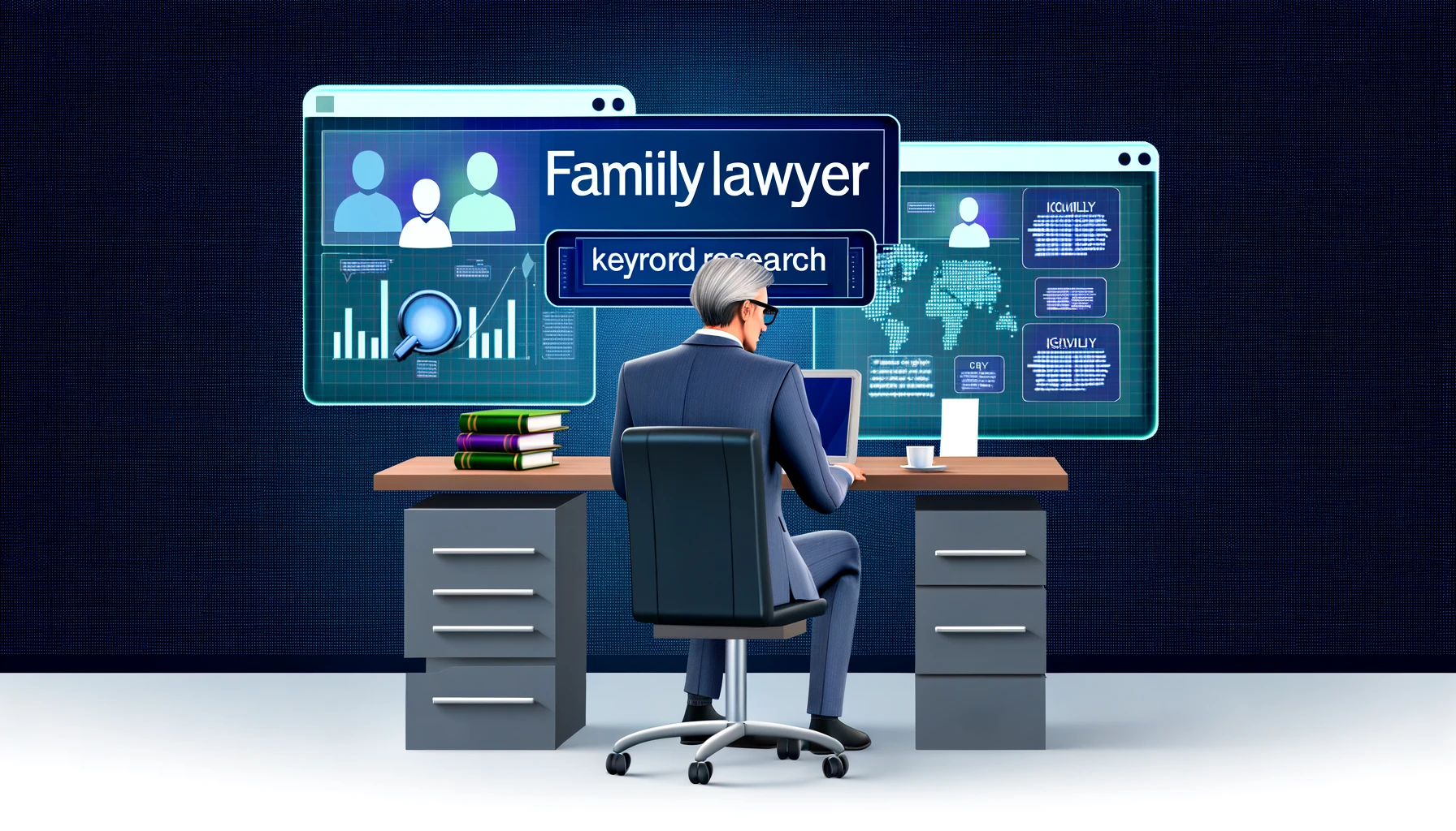 A SEO guru sitting at a desk doing keyword research for family law attorneys